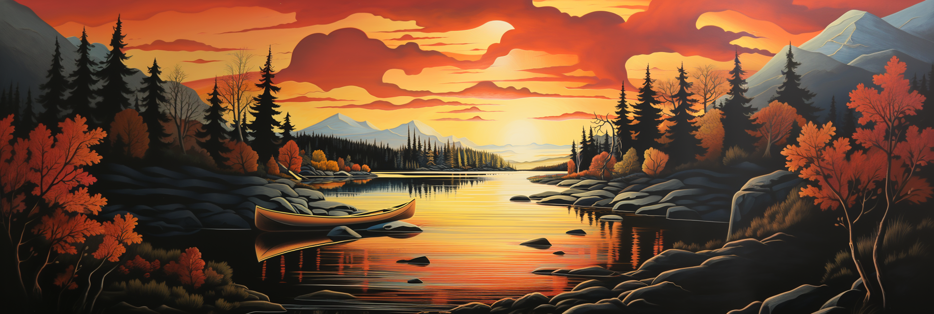 A stylized vista; a lake surrounded by mountains and trees with a sunset in the background and a canoe nestled in the rocks on the shoreline