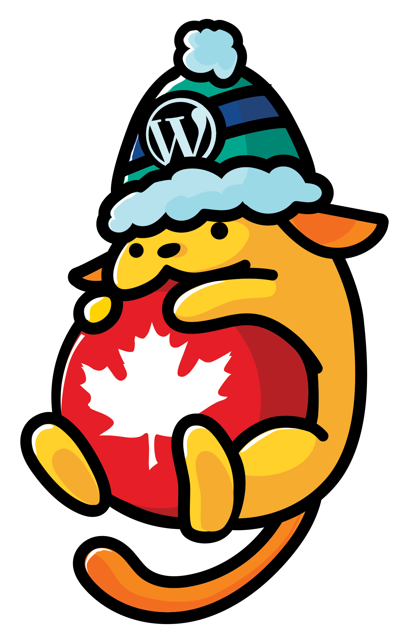 A Wapuu with a touque holding a red ball with a Maple Leaf on the front