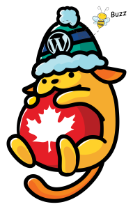 A Wapuu with a touque holding a red ball with a Maple Leaf on the front and buzzing bee