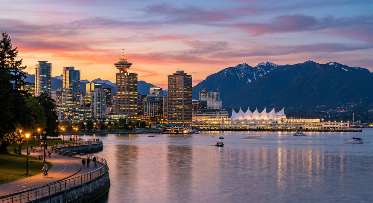 A distant view of downtown Vancouver during a sunset.