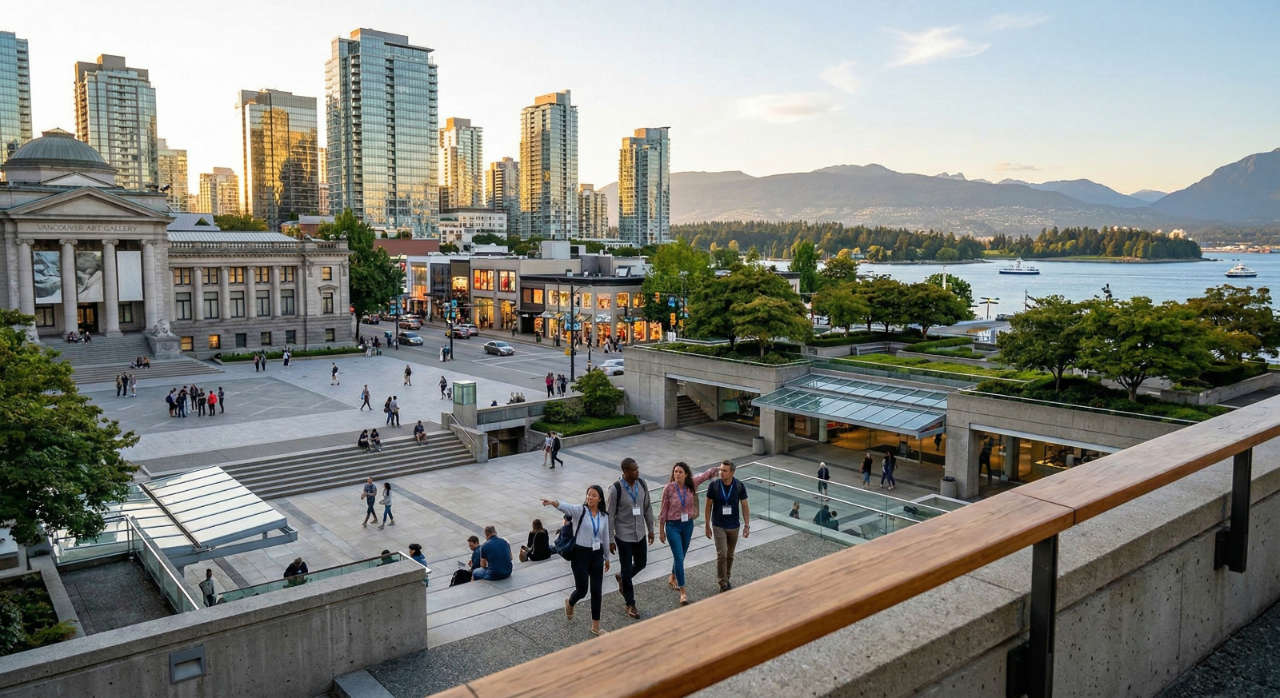 A group of people walking through Robson Square.
