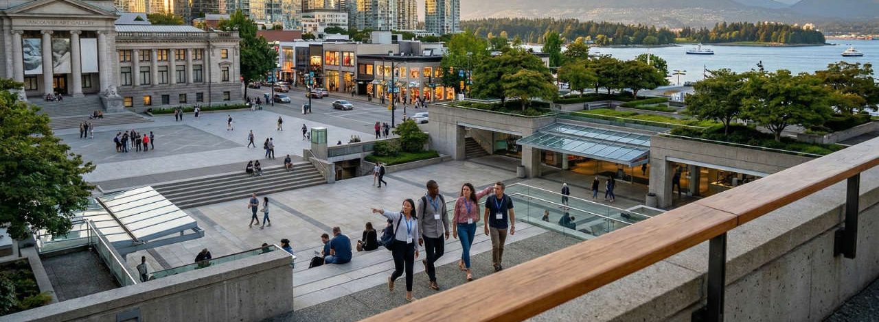 A group of people walking through Robson Square.